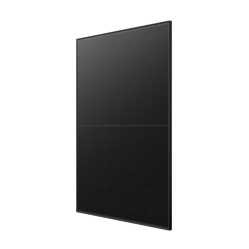 A sleek, black rectangular solar panel with a grid pattern on the surface, shown against a neutral background, highlighting its minimalist design.