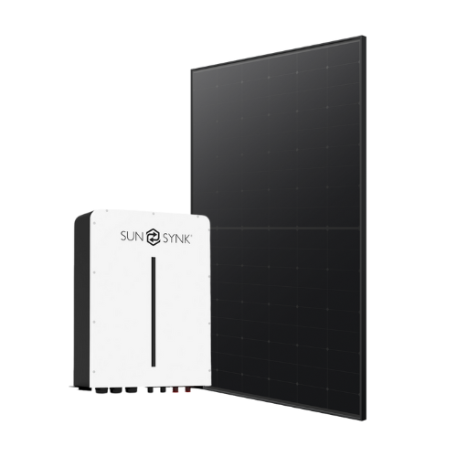 A SunSynk solar inverter is positioned next to a large black solar panel. The inverter is white with the SunSynk logo and a vertical black line in the center. The solar panel has a grid pattern surface.