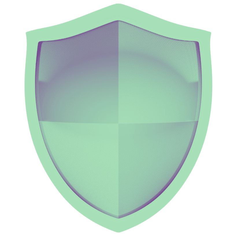 A 3D shield with a light green outline and a textured, purple-tinted surface. The shield has a symmetrical design with a reflective appearance.