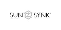 Logo of "SUN SYNK" featuring stylized text. The letter 'S' in the middle is enclosed in a hexagon, incorporating a sun and arrows, symbolizing energy and movement. The color scheme is monochrome.