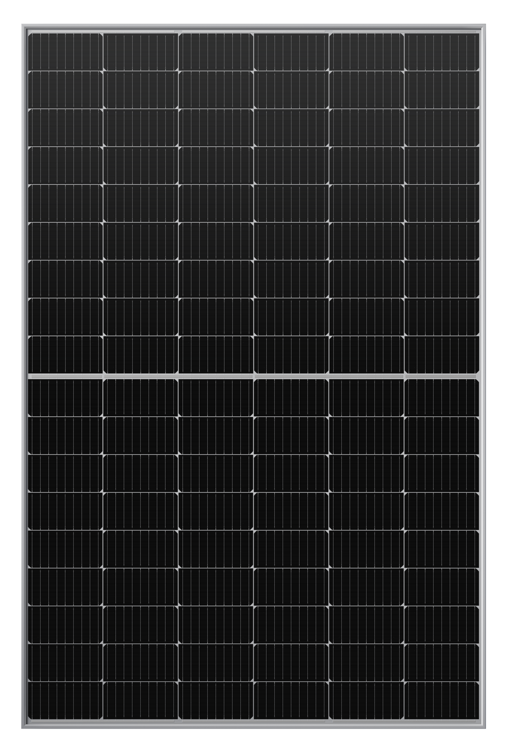 A rectangular solar panel with a grid of small, dark photovoltaic cells. The panel is framed with a thin, silver border.