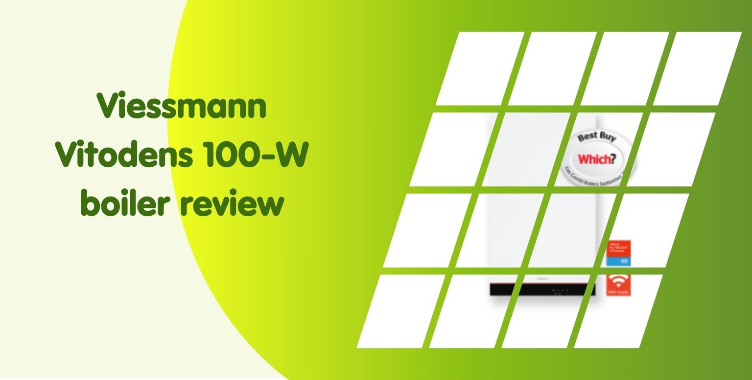 Text reads "Viessmann Vitodens 100-W boiler review" on a green and yellow background. A partially visible boiler image with review symbols and icons is overlaid with a grid pattern, showcasing the efficiency of the Viessmann Vitodens 100-W in precise detail.