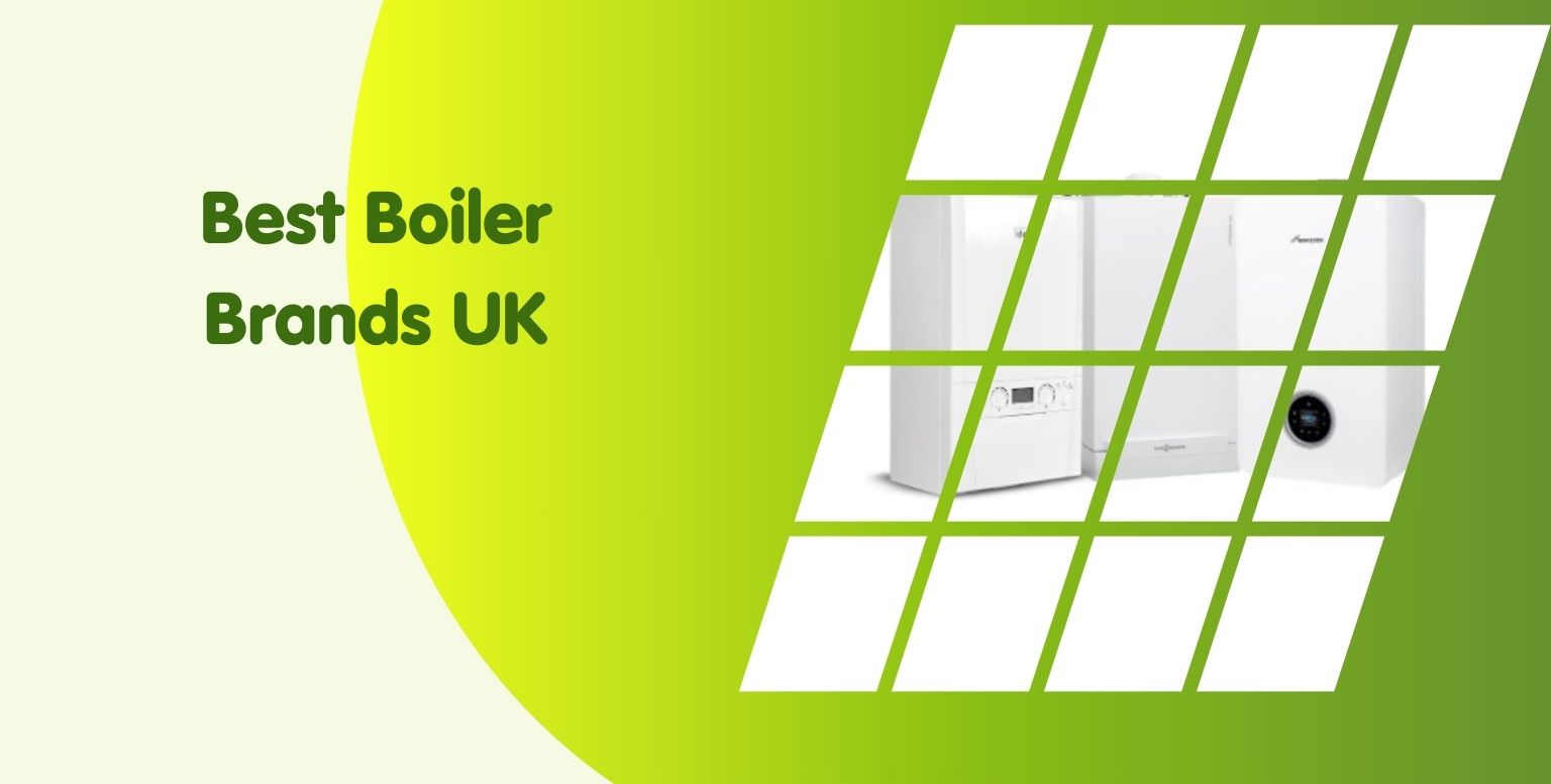 A green and white graphic displays the text "Best Boiler Brands UK for 2024" on the left, while on the right, images of various white boilers are arranged in a grid against a gradient background.