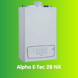 A sleek Alpha E-Tec 28 NX combi boiler stands out against a gradient green background, showcasing the brand logo and control panel prominently on the front.