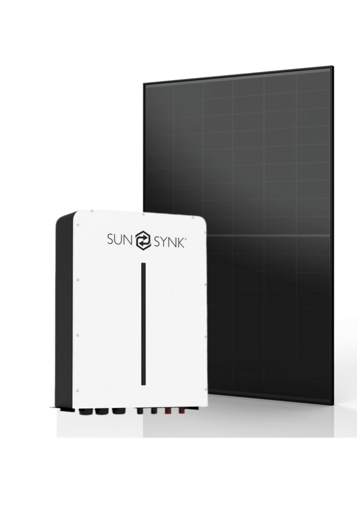 A Sun Synk solar inverter, part of the Green Central collection, is positioned before an expansive solar panel. The white inverter, adorned with the Sun Synk logo, showcases a sleek and modern design.