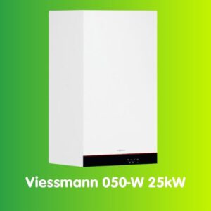 A Viessmann Vitodens 050-W Combi Boiler, boasting a 25kW capacity, is displayed against a green gradient background.