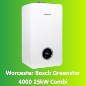 Image of a Worcester Bosch Greenstar 4000, a 25kW gas combi boiler, against a green gradient background. The white boiler features a circular display. Text reads, "Worcester Bosch Greenstar 4000 25kW Combi.