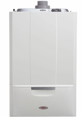 A sleek, white wall-mounted boiler with a smooth front panel and a small logo near the bottom. As one of the most reliable combi boilers, it features a top vent with visible screws and components, combining efficiency with modern design.