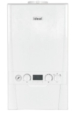 An Ideal brand white wall-mounted combi boiler with a digital display and control knobs, known for being one of the most reliable options available in the UK.