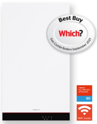 Image of a reliable white Viessmann gas combi boiler, proudly displaying a "Best Buy Which?" badge for September 2021. In the bottom right corner, it features "H2 Ready" and "WiFi Inside" labels, underscoring its advanced technology for homes across the UK.