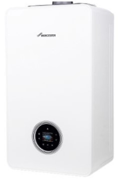 A white wall-mounted boiler, known for being one of the best combi boilers, features a small digital display and control panel at the bottom center.