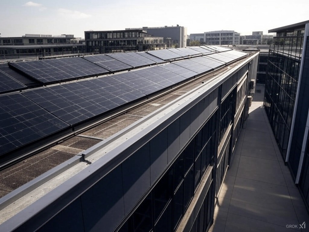 Rooftop view of a modern building with solar panels installed. The panels line the entire roof, reflecting sunlight. Adjacent buildings are visible with similar structures under a clear sky.