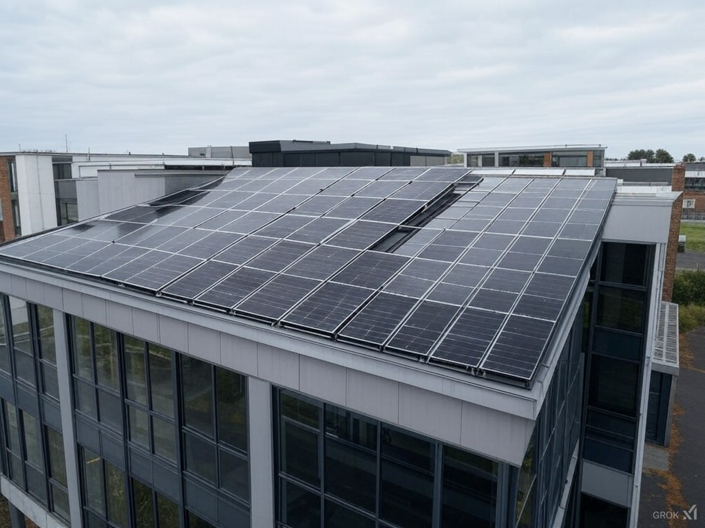 Aerial view of an energy-efficient building with commercial solar panels installed on its roof. The structure features multiple stories and reflective glass windows, beneath an overcast sky layered with clouds.