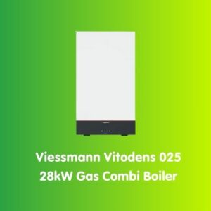 A sleek white Viessmann Vitodens 025 gas combi boiler is centered on a vibrant green gradient background, with the product name and details elegantly displayed in white text below.